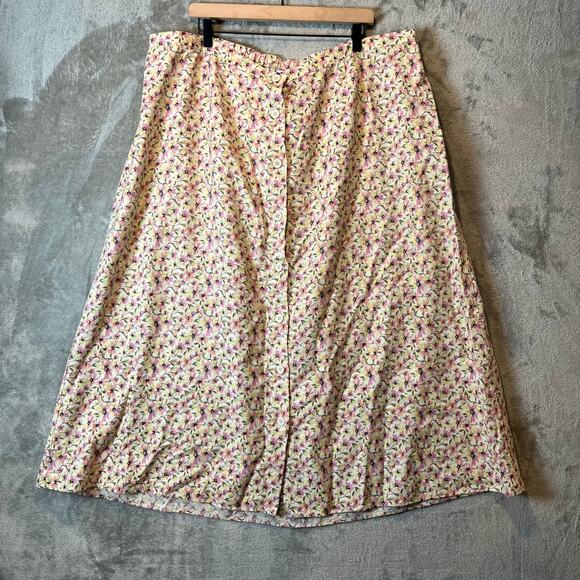 Vintage Floral Button‎ Front Midi Skirt Cottagecore Boho Retro Linen Blend 3X - Picture 1 of 6